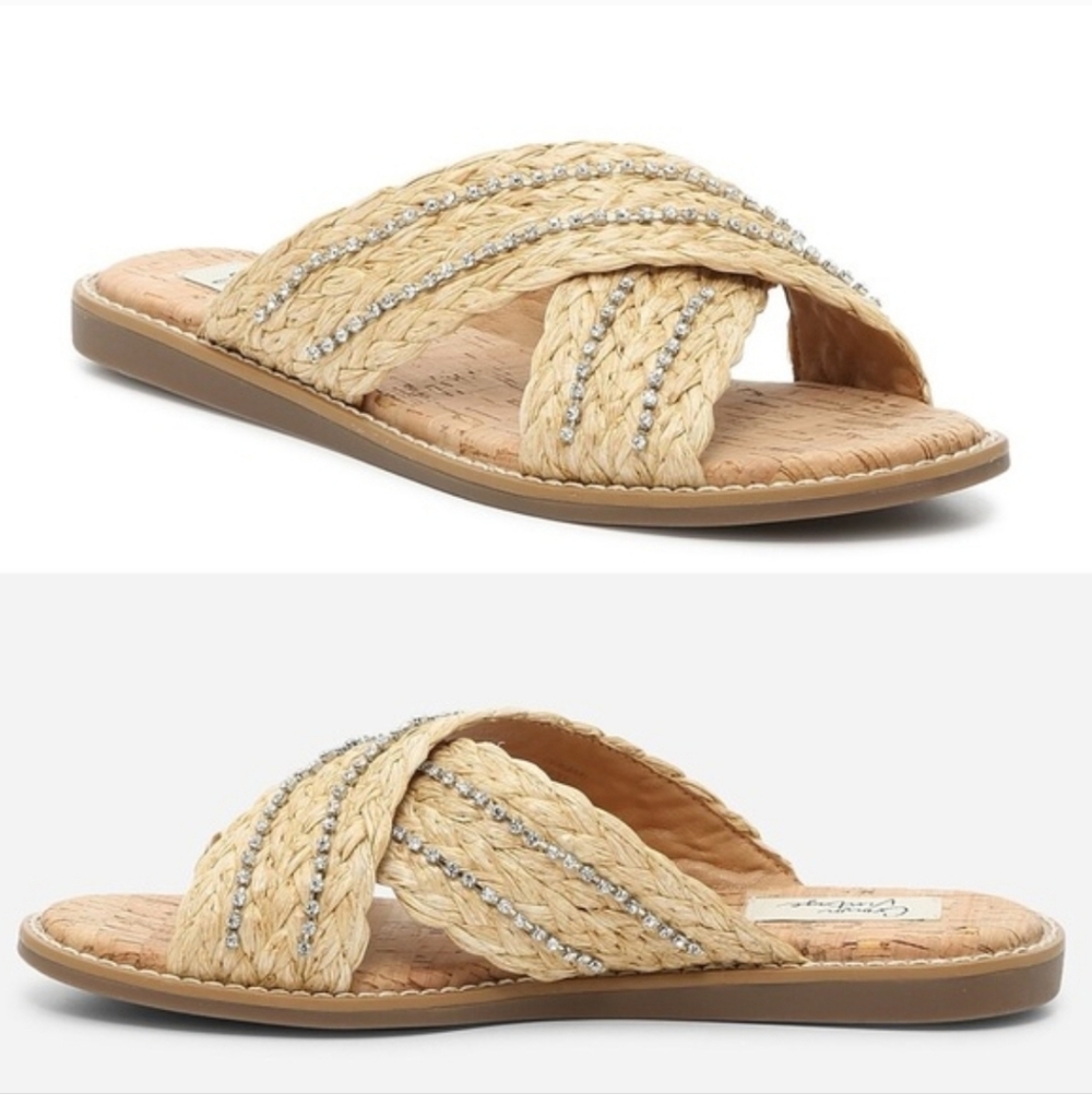 NEW Crown Vintage Albari Woven Raffia Strap Cork Slide Sandals Womens Size 6.5